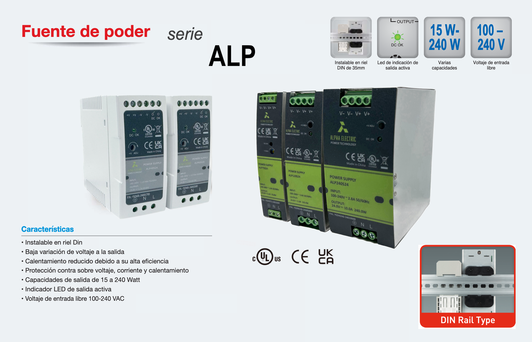 Instalable en riel Din, Baja variación de voltaje a la salida,Calentamiento reducido debido a su alta eficiencia, Protección contra sobre voltaje corriente y calentamiento,Capacidades de salida de 15 a 240 Watt Indicador LED de salida activa